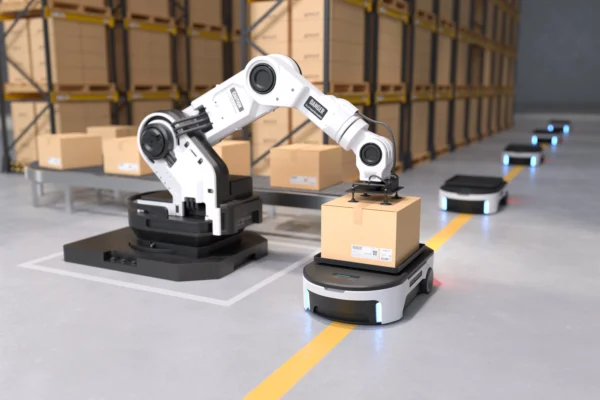 AGV wird durch Industrie-Roboter beladen.